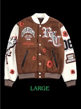 Civil Regime Rose Garden Letterman Jacket in Butter/Reaper Brown LARGE